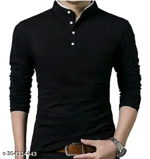 Men Fashion Solid Mandarin Collar Polyester T-Shirt | Men Full Sleeve Casual Regular Fit T Shirt | 