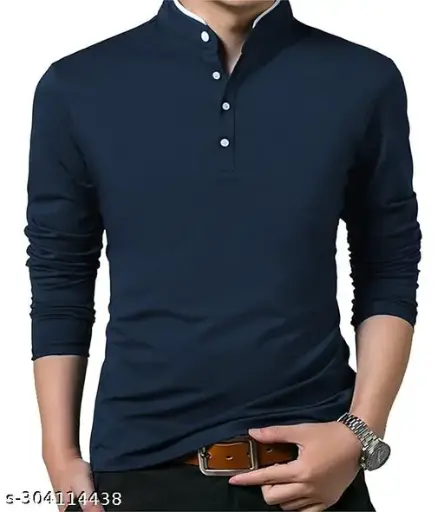 Men Fashion Solid Mandarin Collar Polyester T-Shirt | Men Full Sleeve Casual Regular Fit T Shirt | 